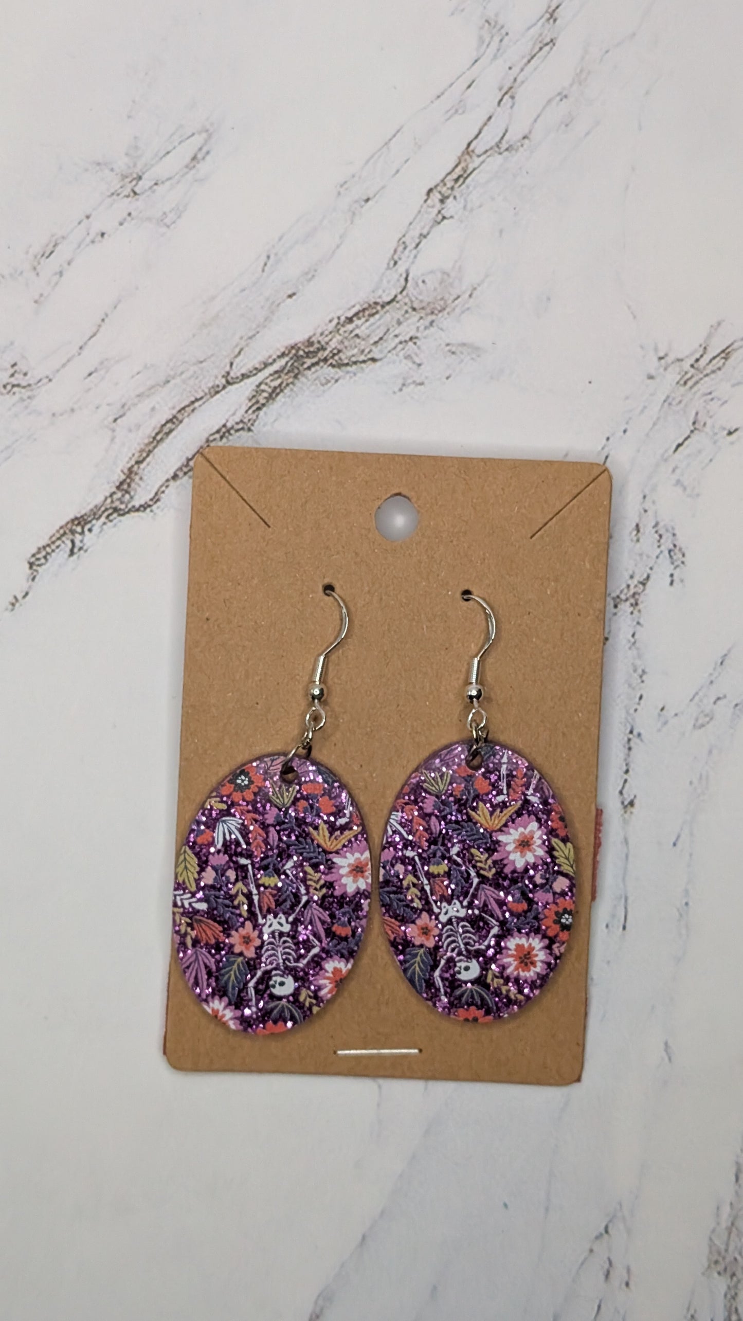 Purple Glitter Floral Skeleton Oval Acrylic Earrings