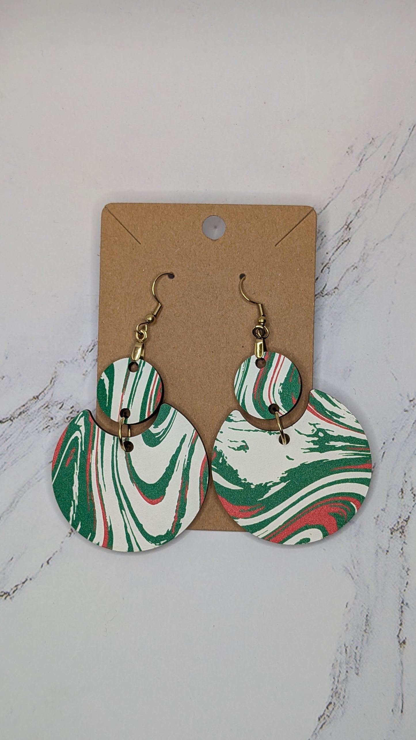 Two Piece Green and Red Marbled Wooden Dangle Earrings